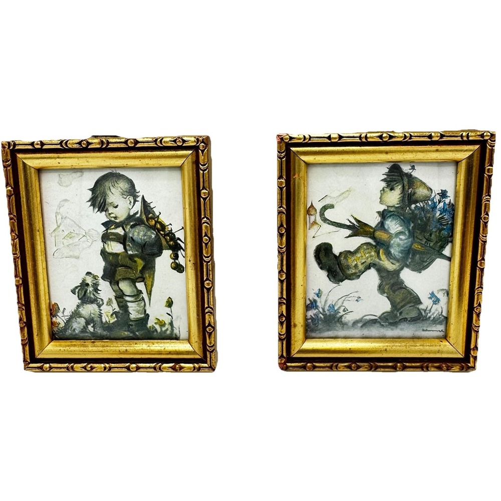 2 Vintage Miniature Hummel Framed Prints 2 Boys And Dog Made in Western Germany